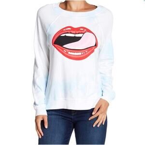 Wildfox Women Femme Fetale Oversized Somers Sweater Med Lips White Blue Tie Die
